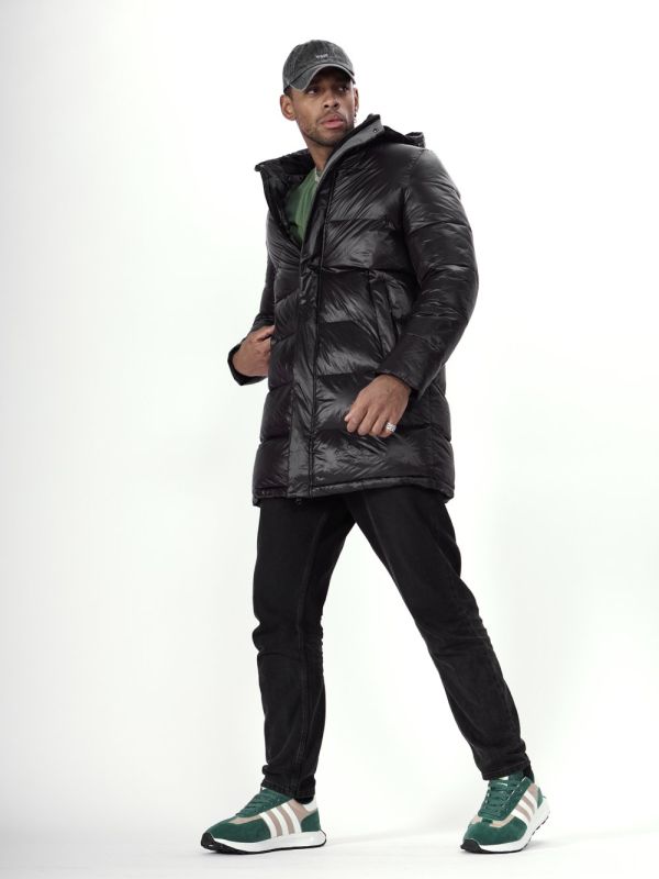 Long black men's winter jacket 22307Ch